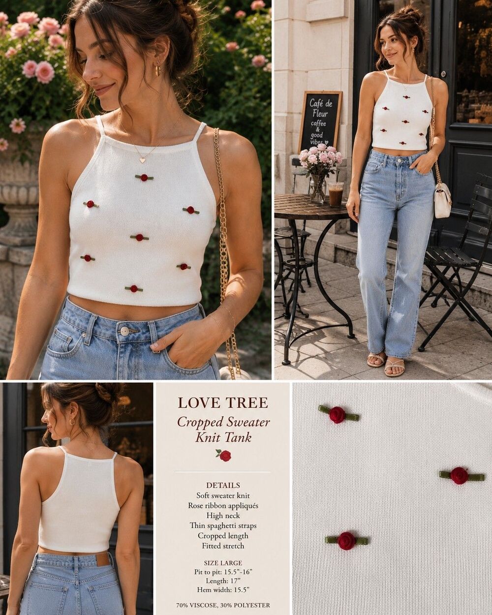 Love Tree Women L Cropped Sweater Knit Tank Top Applique Coquette Cottagecore